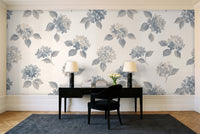 Blue And Grey Hydrangea Floral Mural in a home office