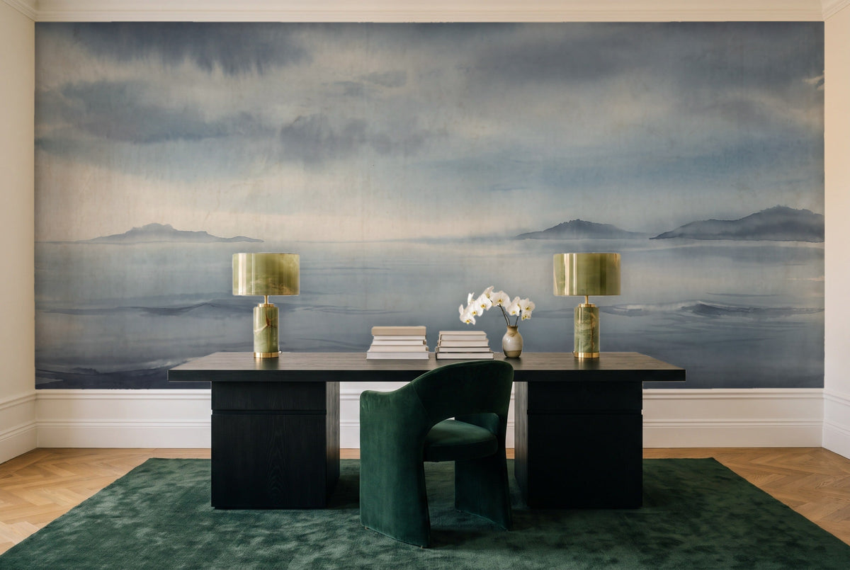 Navy Ocean Landscape Mural in a home office