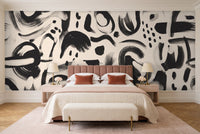 Black And White Brushstroke Abstract Mural in a bedroom