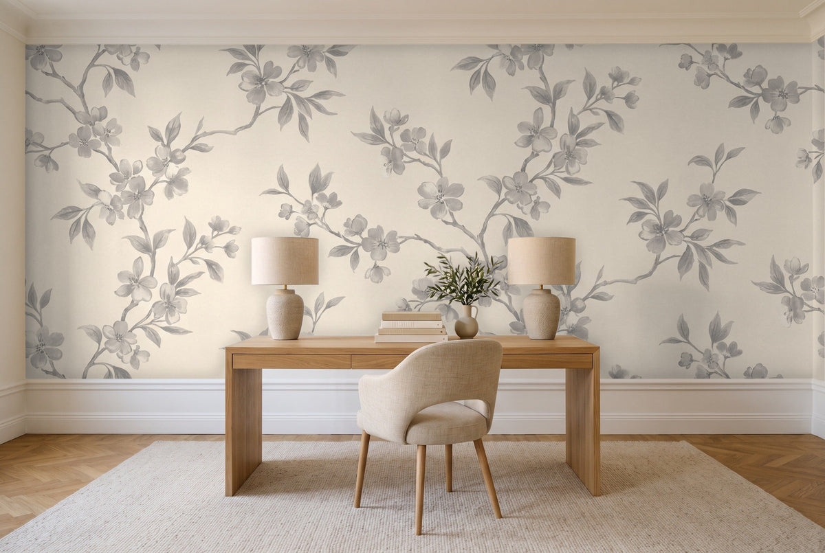 Grey Cherry Blossom Floral Mural in a home office