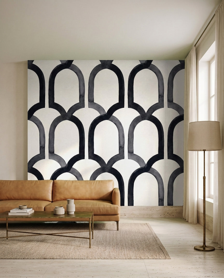 Black Arch Geometric Mural in an interior