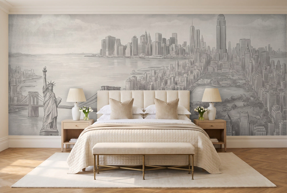 Grey New York Cityscape Mural in a bedroom