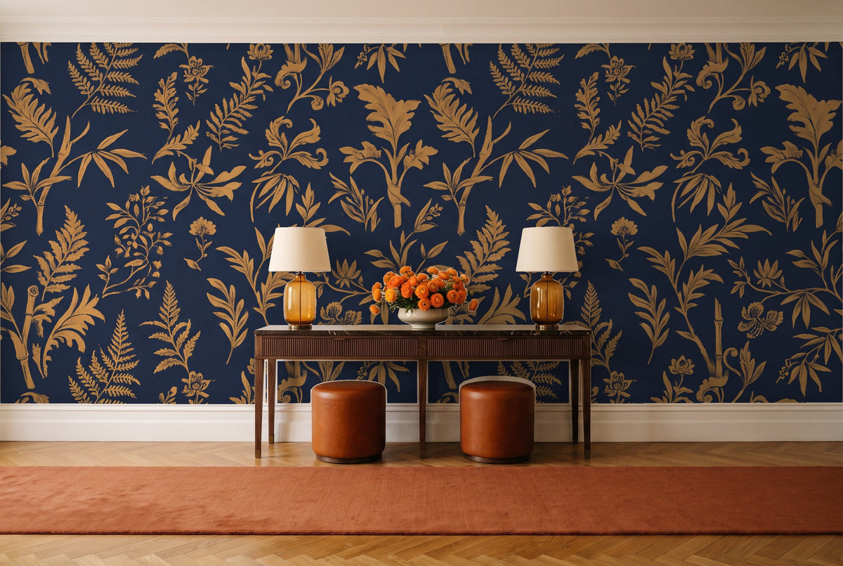 Blue And Gold Fern Botanical Mural in an entryway