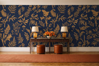 Blue And Gold Fern Botanical Mural in an entryway