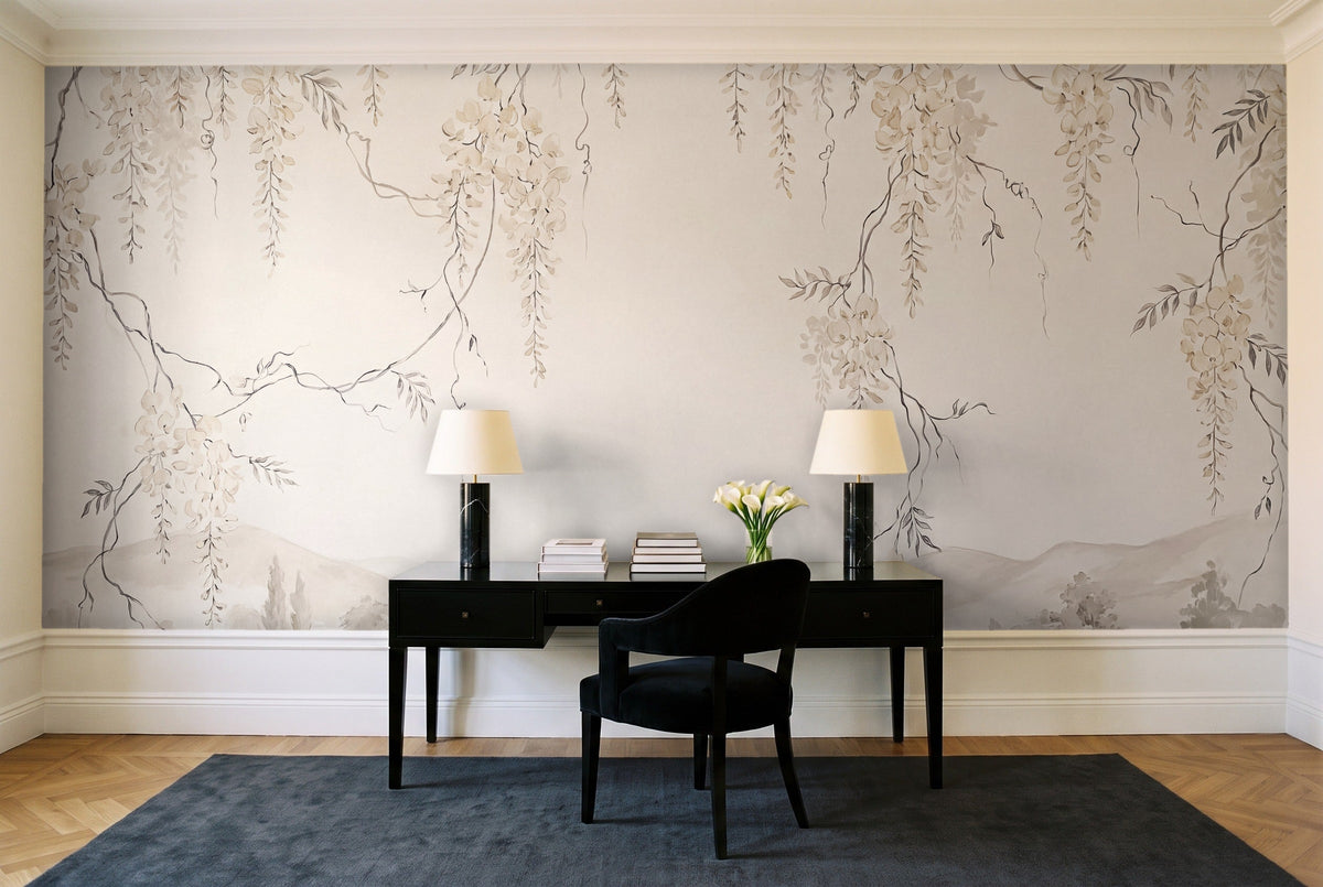 Cream Wisteria Floral Mural in a home office