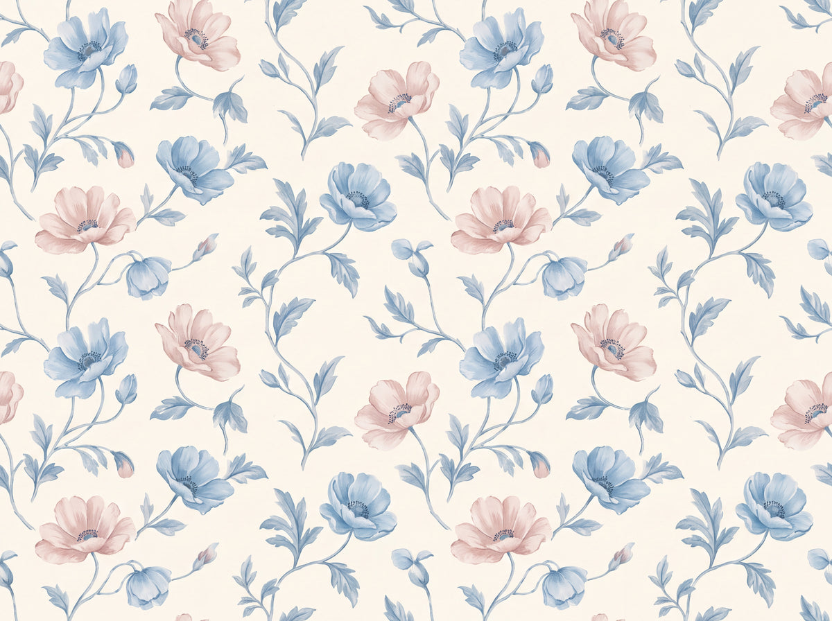 Blue And Pink Poppy Floral Mural design