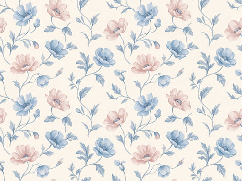 Blue And Pink Poppy Floral Mural sample on the real paper