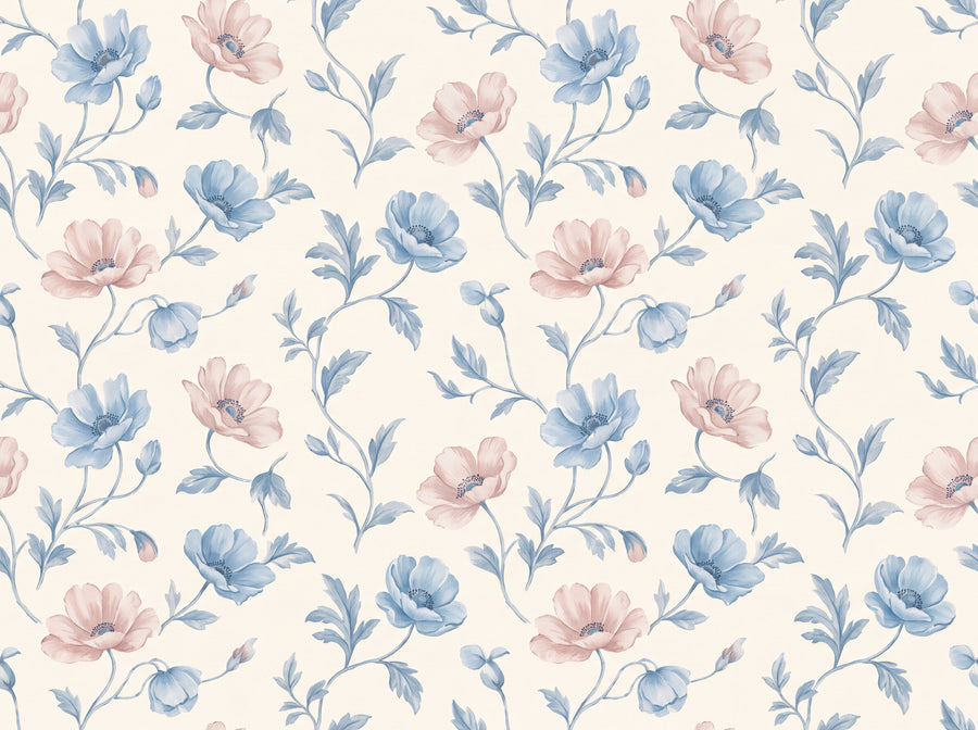 Blue And Pink Poppy Floral Mural