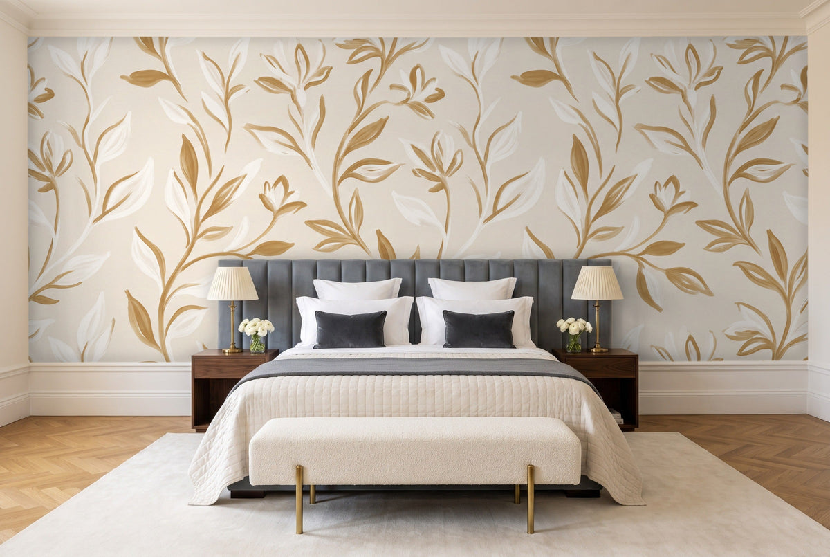 White And Gold Vine Botanical Mural in a bedroom