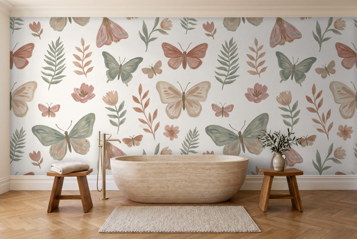 Green And Pink Butterfly Mural in a bathroom