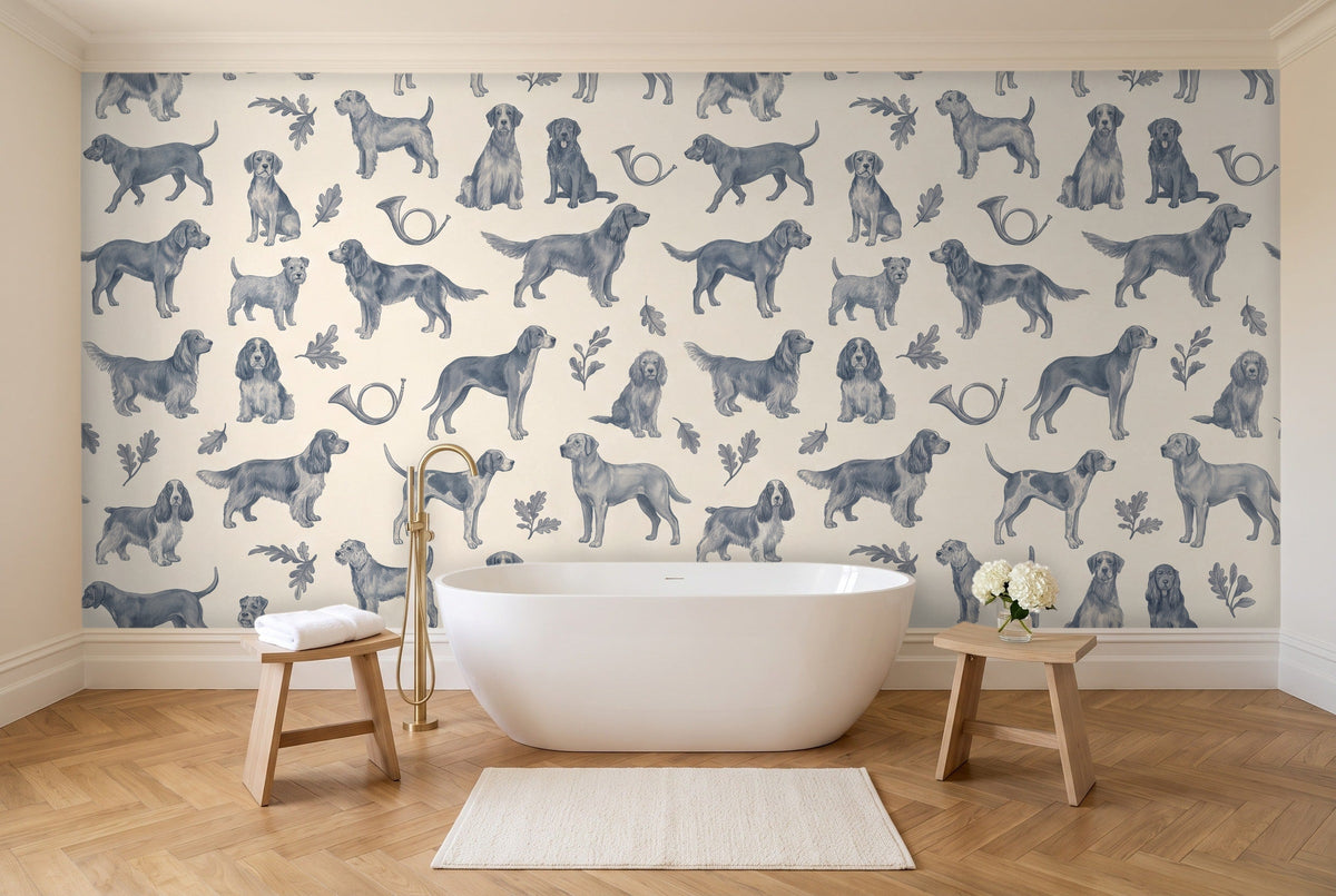 Blue Dog Animal Mural in a bathroom