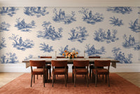 Blue And White Toile Mural in a dining room