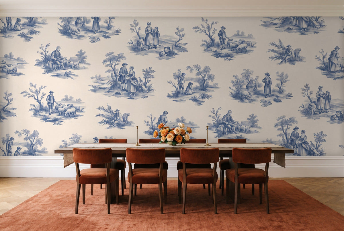 Blue And White Toile Mural in a dining room