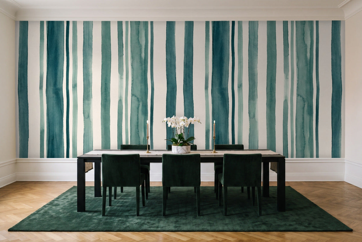 Teal Stripe Mural in a dining room