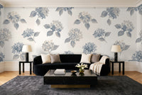 Blue And Grey Hydrangea Floral Mural in a living room