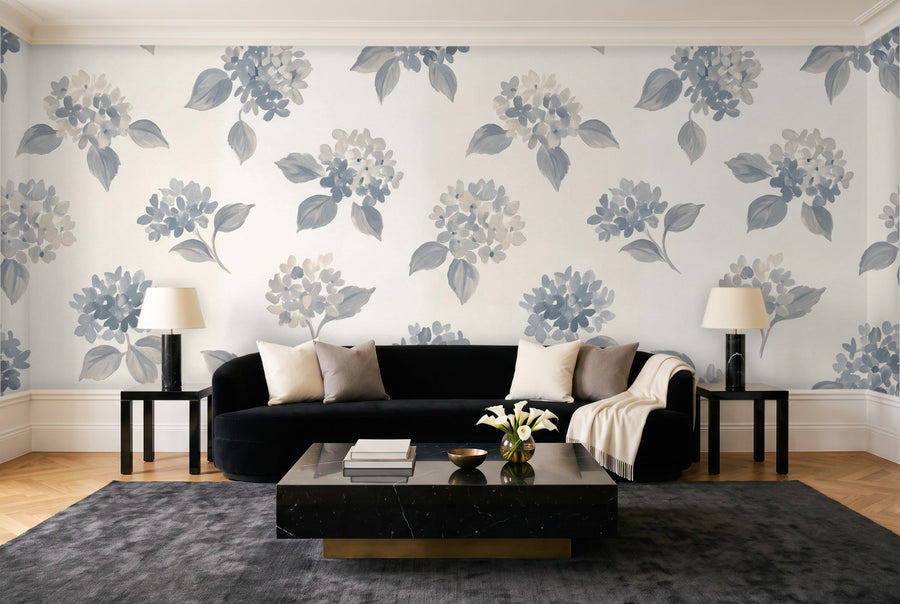 Blue And Grey Hydrangea Floral Mural on a wall