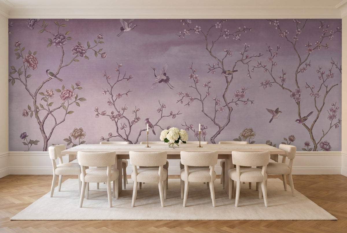 Purple Chinoiserie Garden Chinoiserie Mural in a dining room