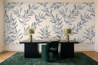 Blue And Grey Olive Branch Botanical Mural in a home office