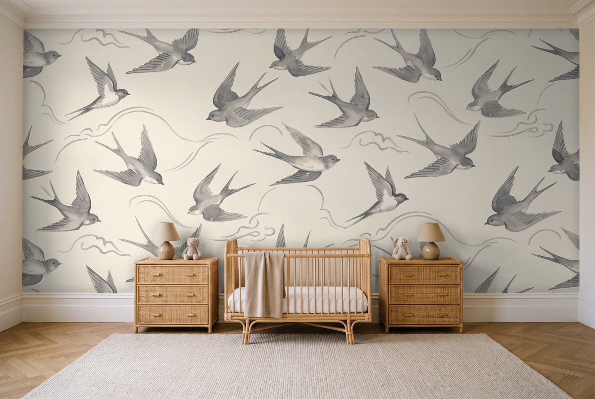 Grey Swallow Animal Mural in a nursery