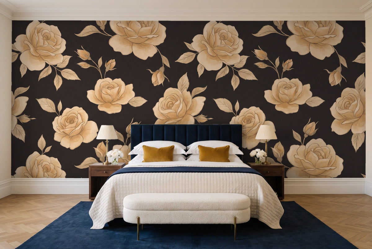 Black And Gold Rose Floral Mural in a bedroom