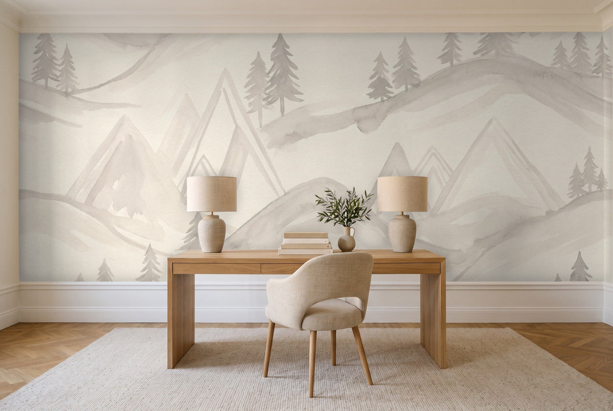 White Mountain Landscape Mural in a home office