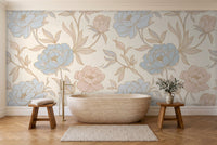 Blue And Pink Peony Floral Mural in a bathroom