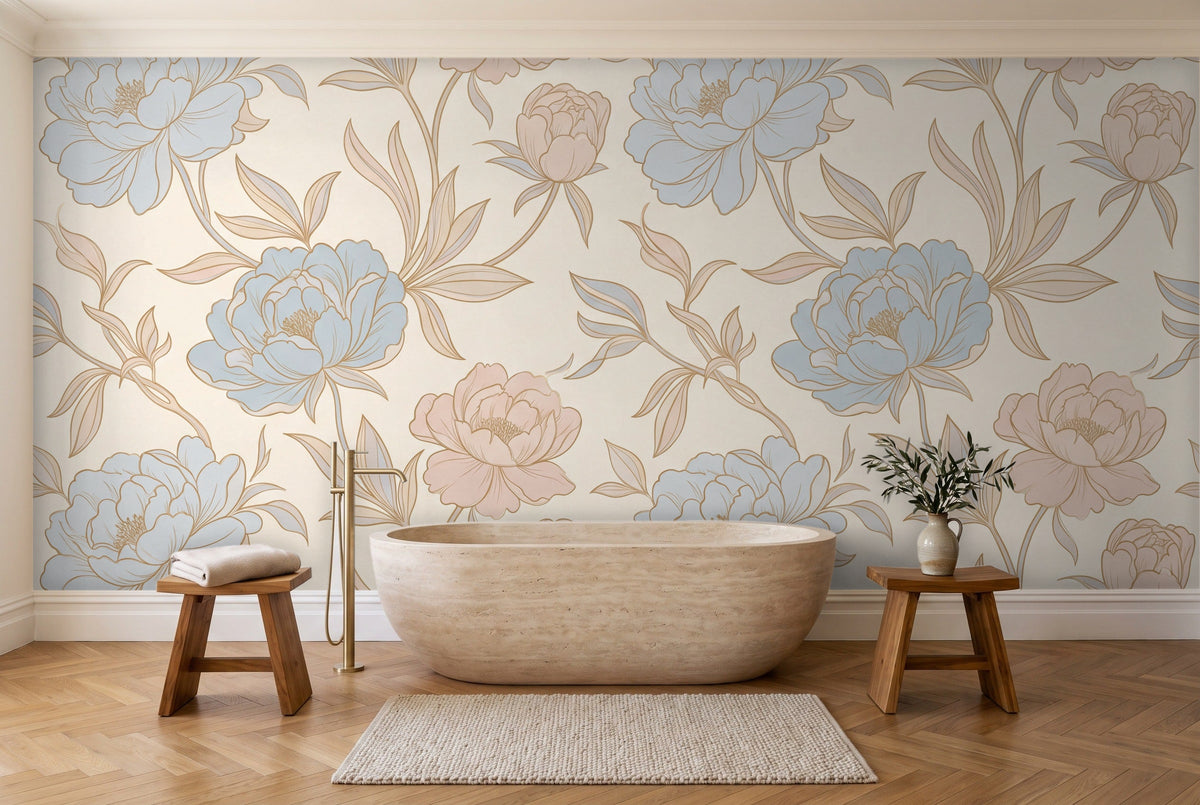 Blue And Pink Peony Floral Mural in a bathroom