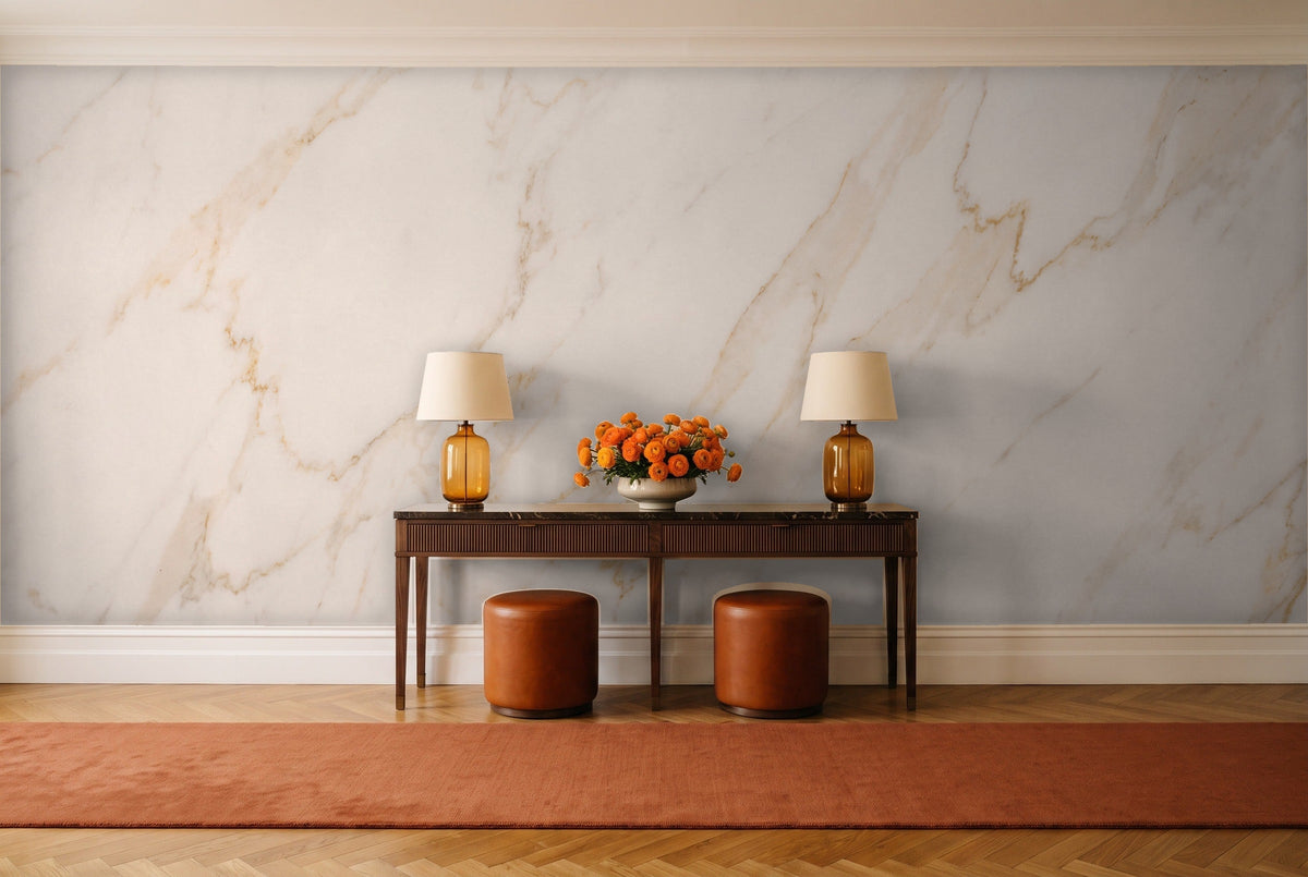 White And Gold Marble Mural in an entryway
