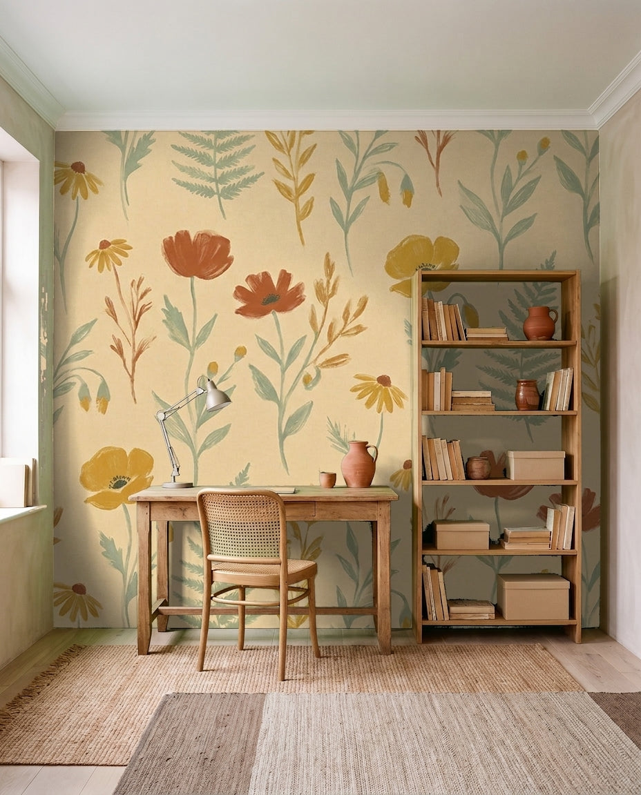 Mustard Wildflower Floral Mural on a feature wall
