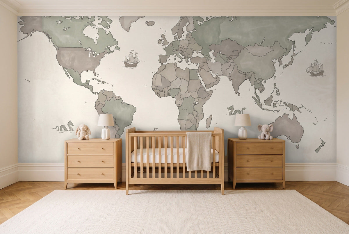 Sage World Map Map Mural in a nursery