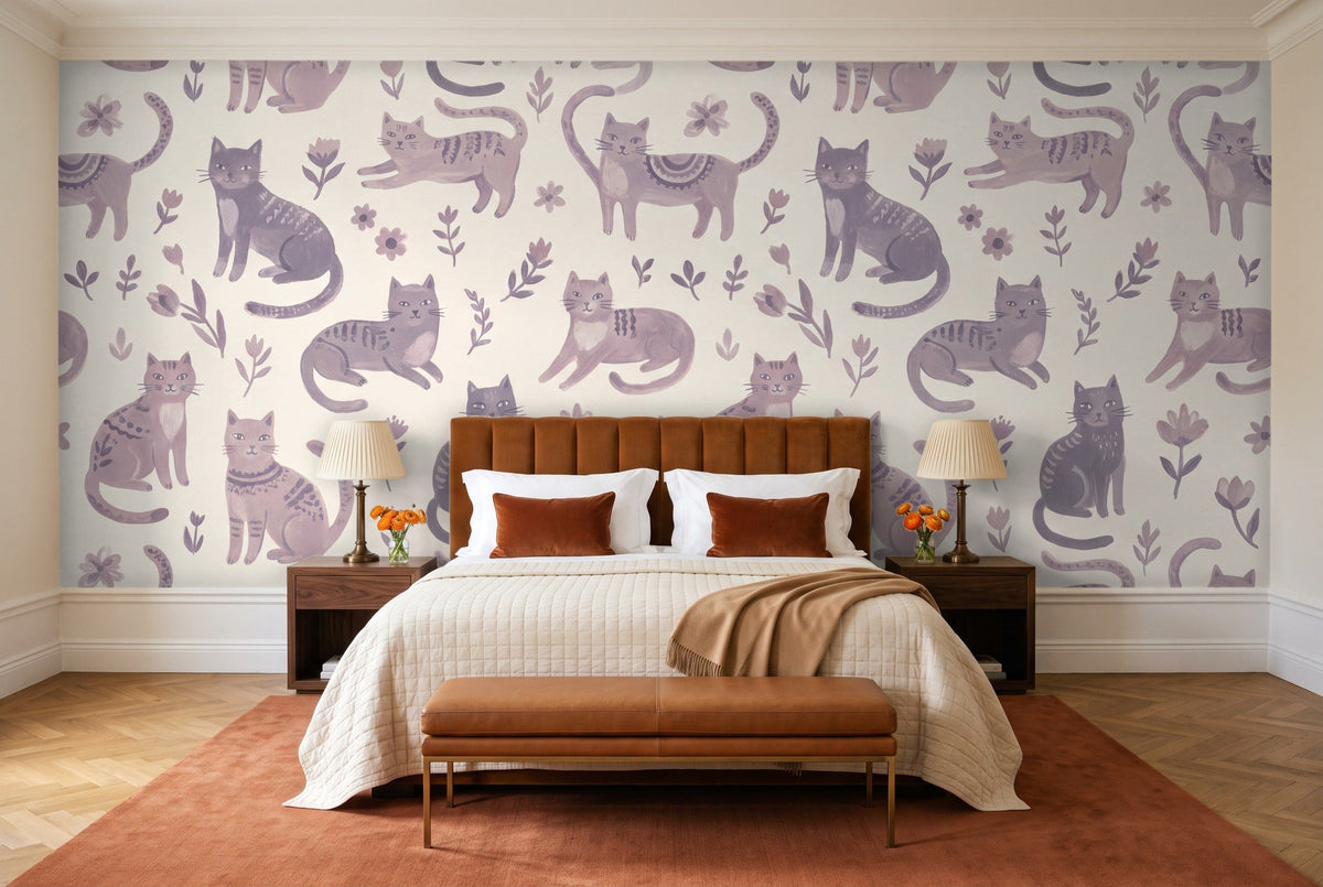 Lilac Cat Animal Mural in a bedroom