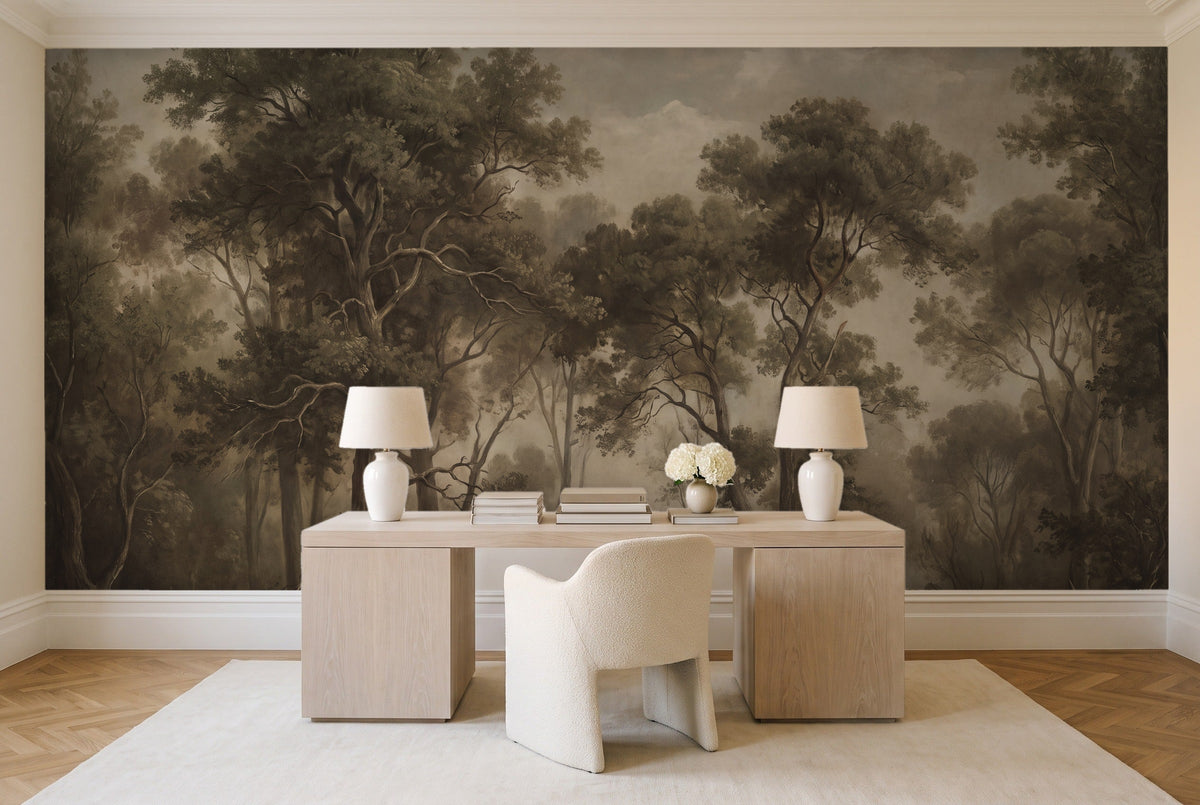 Olive Forest Landscape Mural in a home office