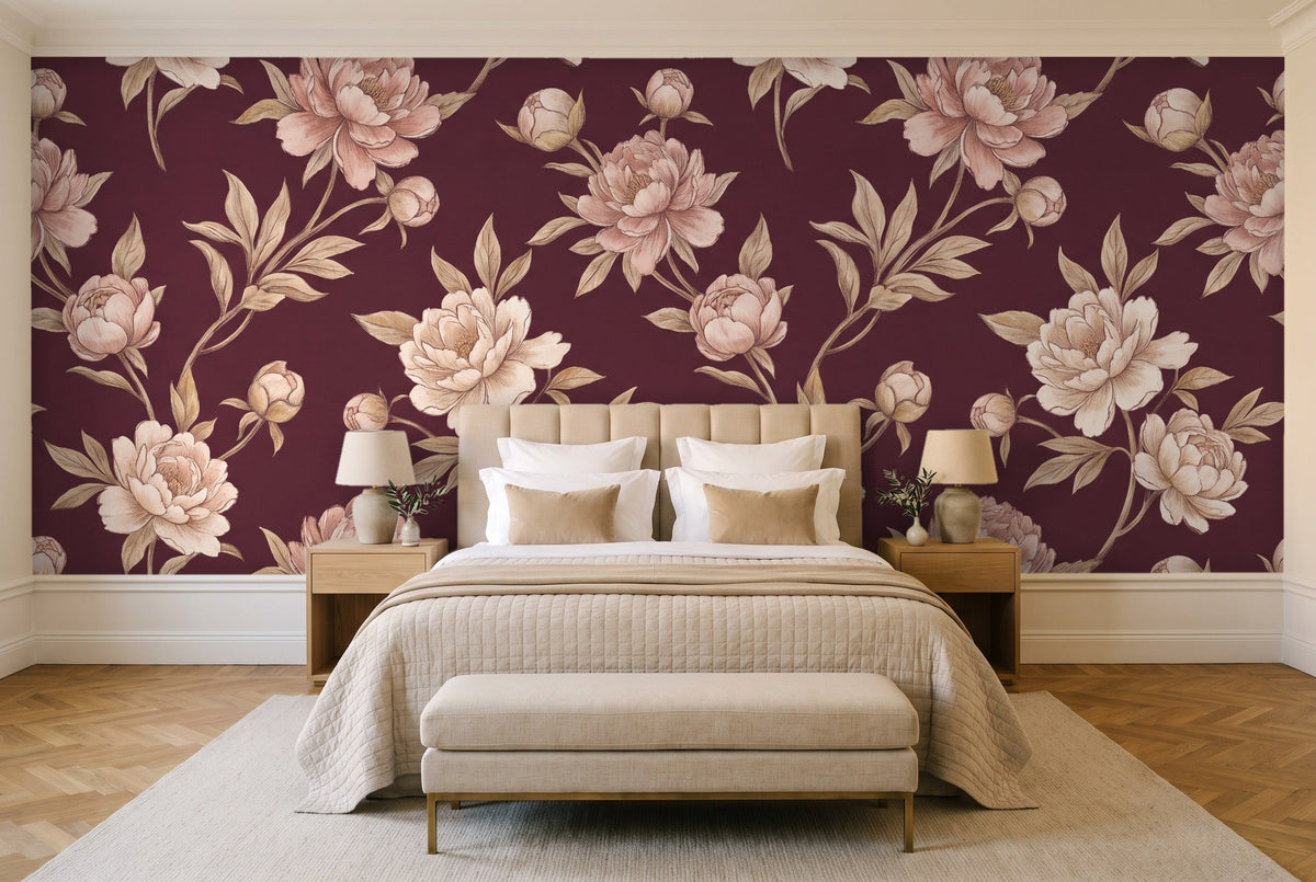 Burgundy Peony Floral Mural in a bedroom