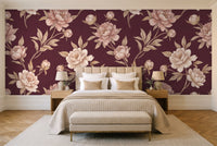Burgundy Peony Floral Mural in a bedroom