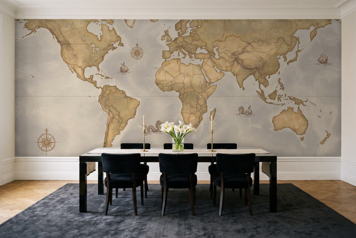 Ochre World Map Map Mural in a dining room