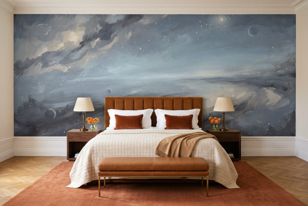 Blue Galaxy Celestial Mural in a bedroom