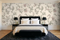 Green And Pink Leaf Botanical Mural in a bedroom