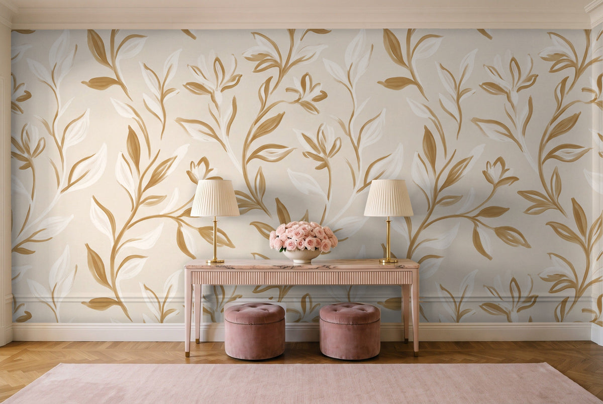 White And Gold Vine Botanical Mural in an entryway