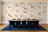 Blush Crane Animal Mural in a dining room