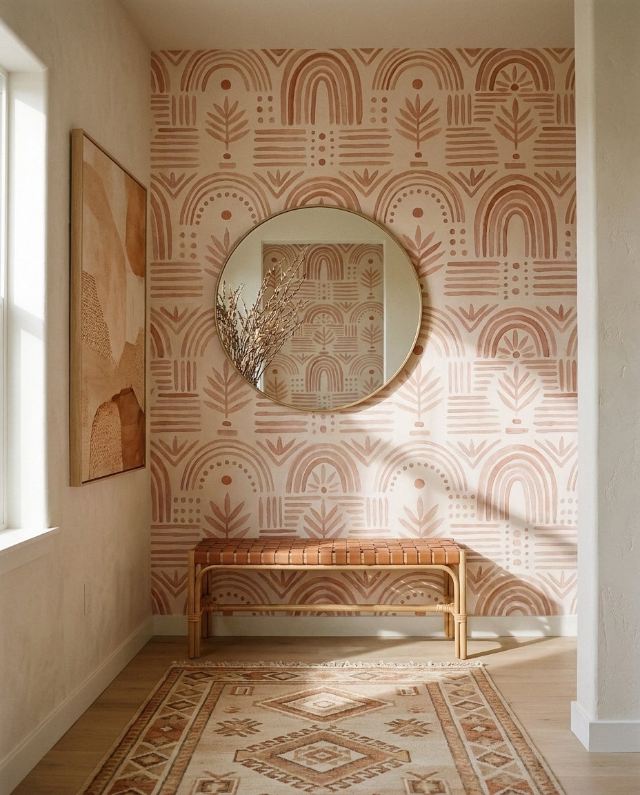 Blush Grasscloth Texture Mural in an interior