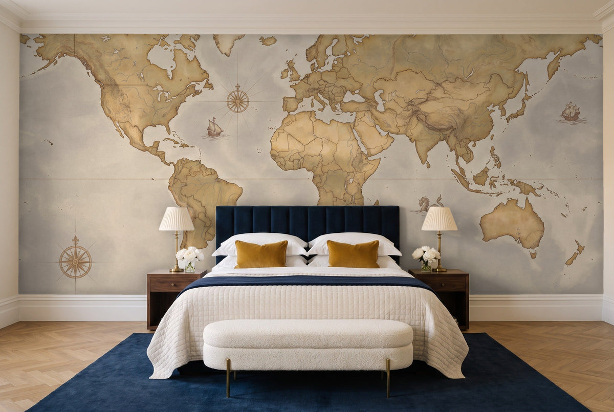 Ochre World Map Map Mural in a bedroom