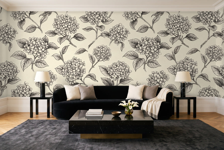 Black And White Hydrangea Floral Mural on a wall