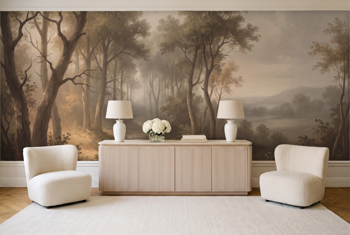 Beige Forest Landscape Mural in a living room