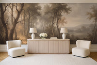 Beige Forest Landscape Mural in a living room
