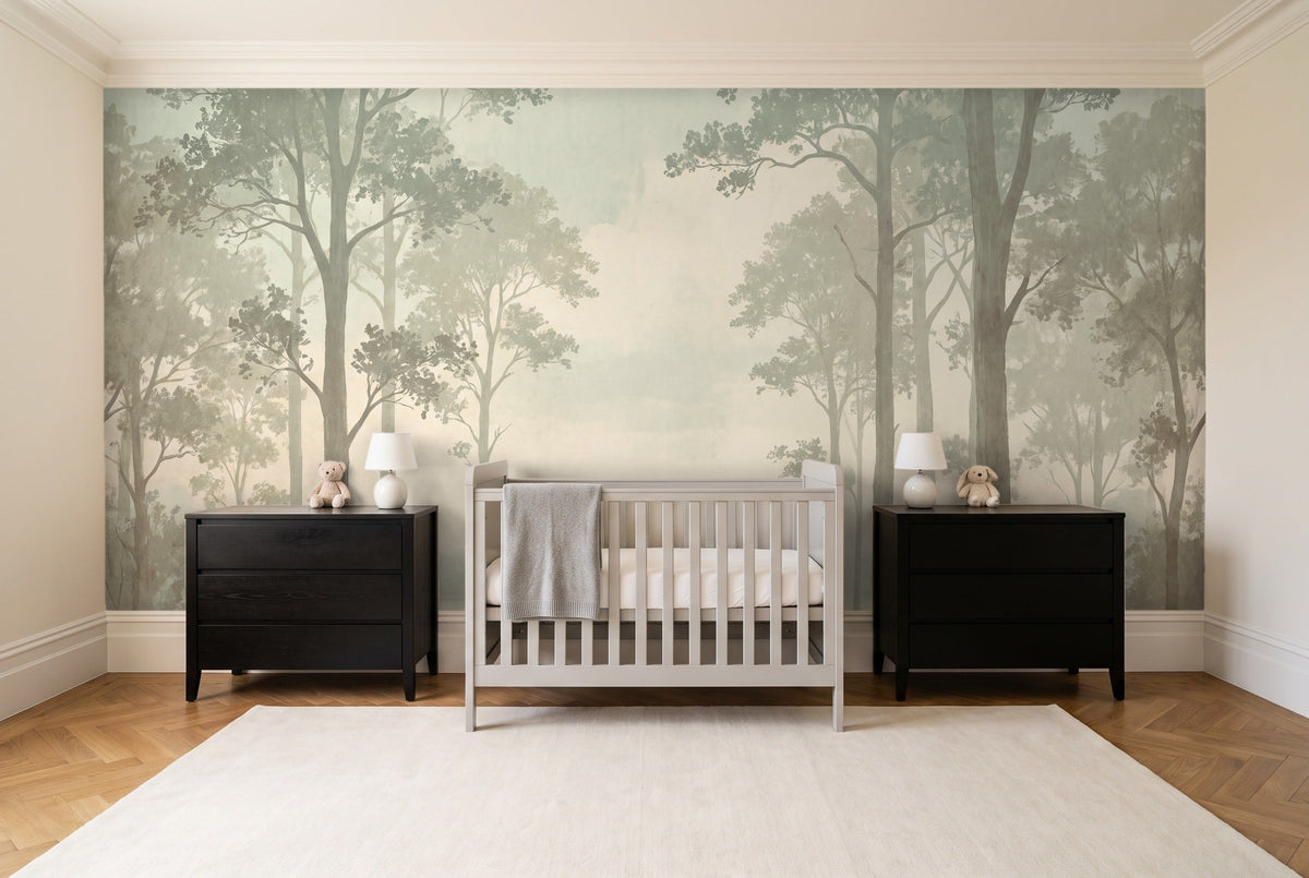 Mint Forest Landscape Mural in a nursery