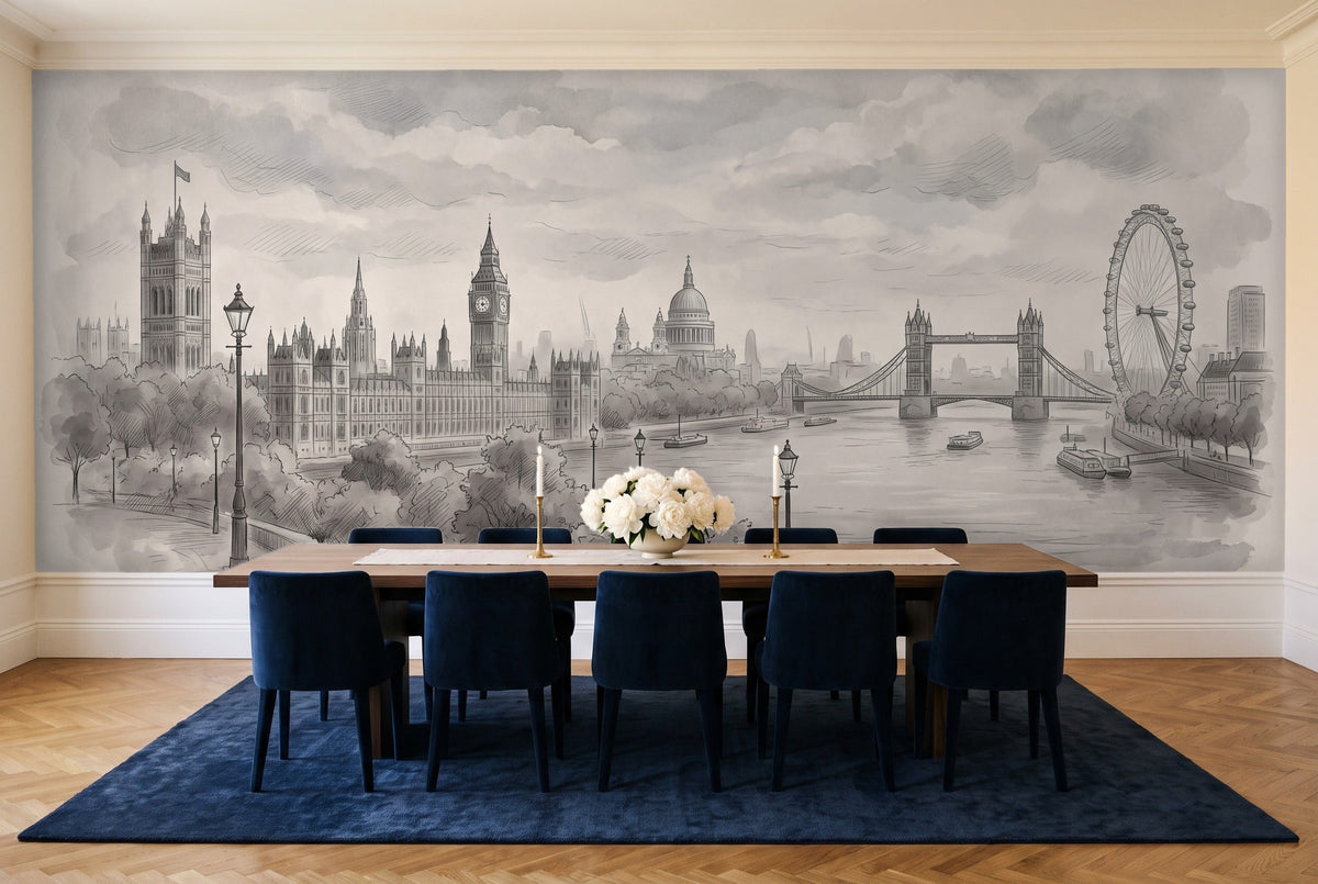 Grey London Cityscape Mural in a dining room