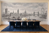 Grey London Cityscape Mural in a dining room