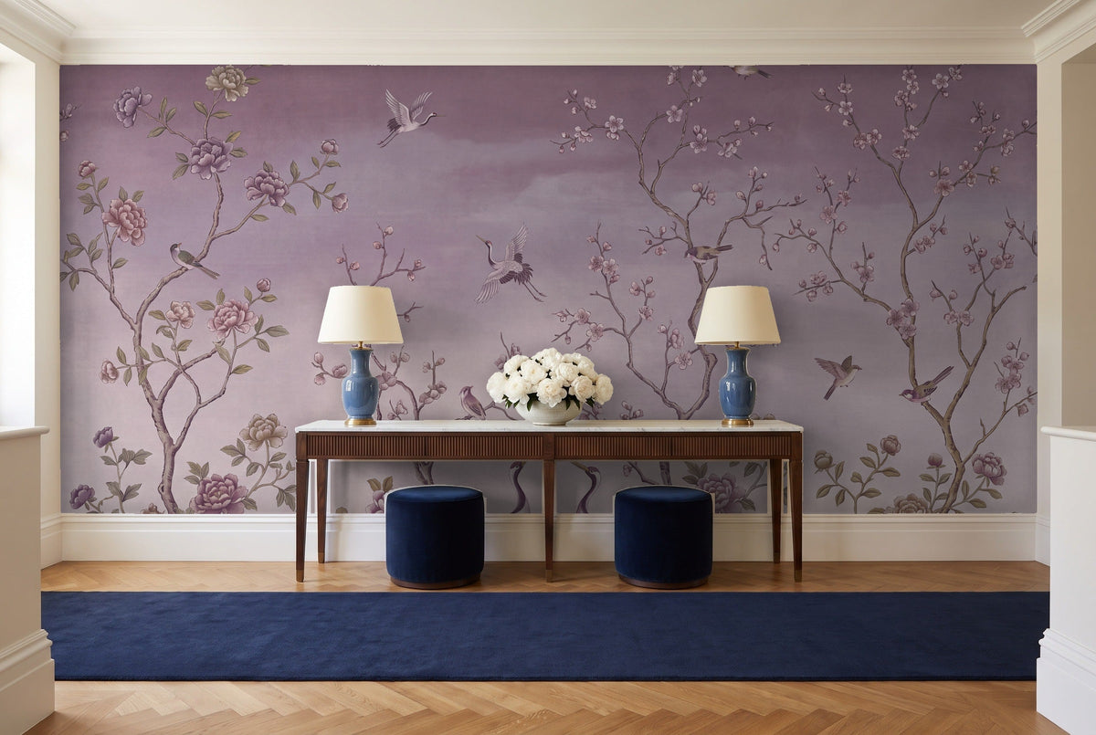 Purple Chinoiserie Garden Chinoiserie Mural in an entryway