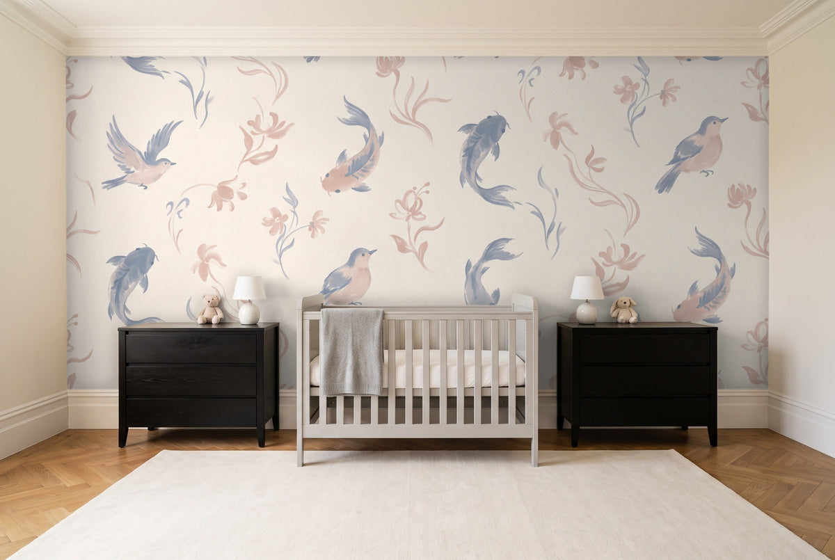 Blue And Pink Fish Animal Mural in a nursery