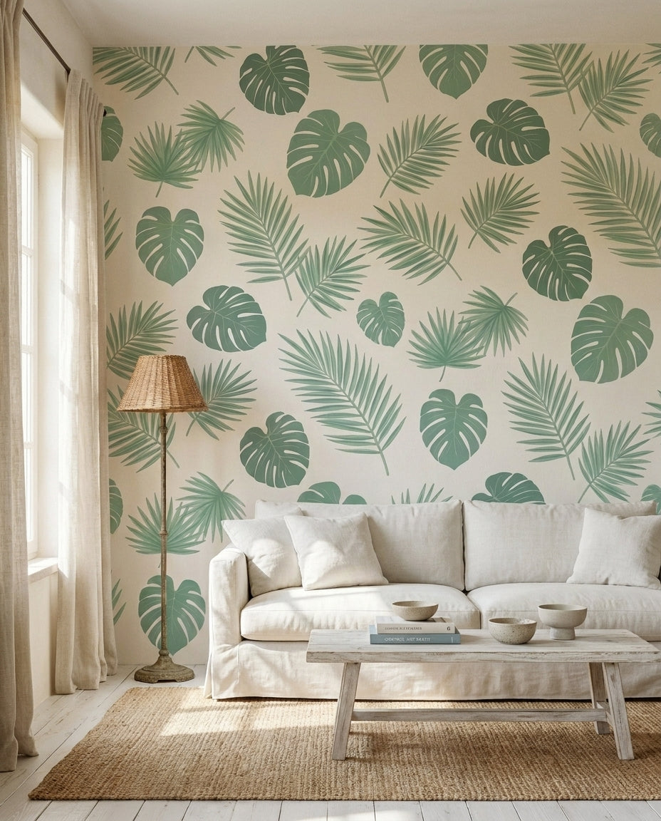 Green Palm Tropical Mural in an interior